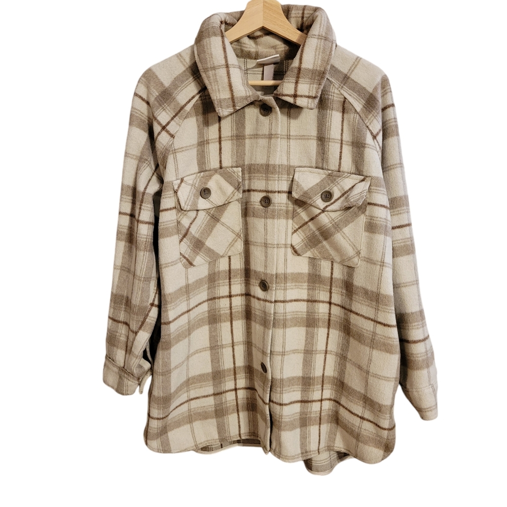 Knox Rose Beige Plaid Flannel Oversized Shirt Jacket